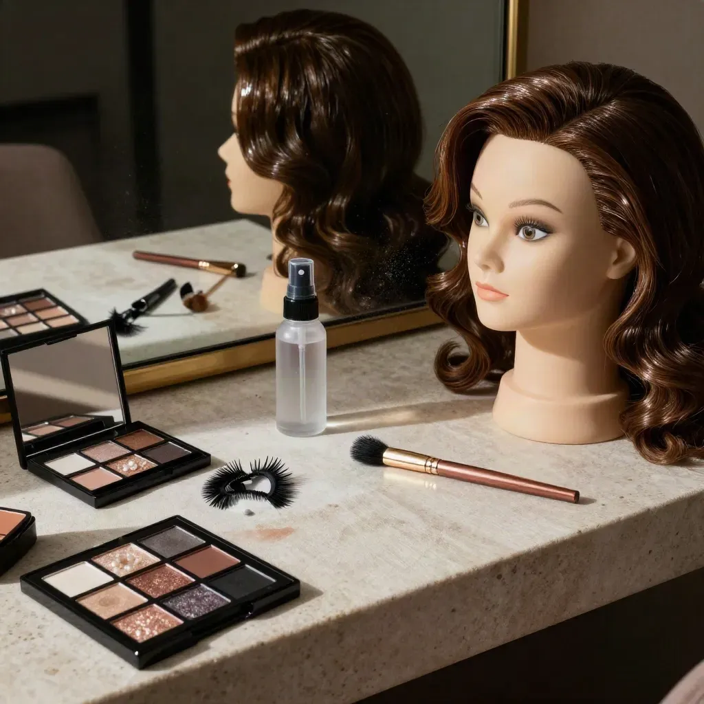 Glam makeup station with shimmer palettes and a sleek wave-form mannequin head in dramatic low light.