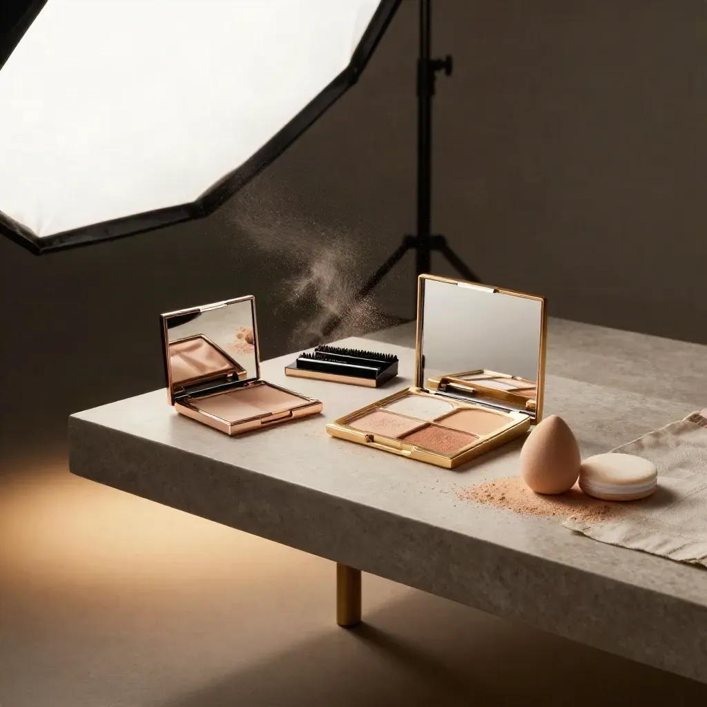 Makeup bench with open palettes, powder drift, lash trays, and a set backdrop stand.