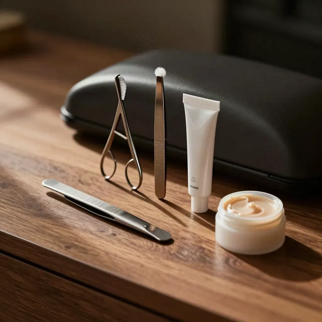 Top-down close-up of a brow kit with tweezers, spoolies, wax pot and open travel case on walnut vanity.
