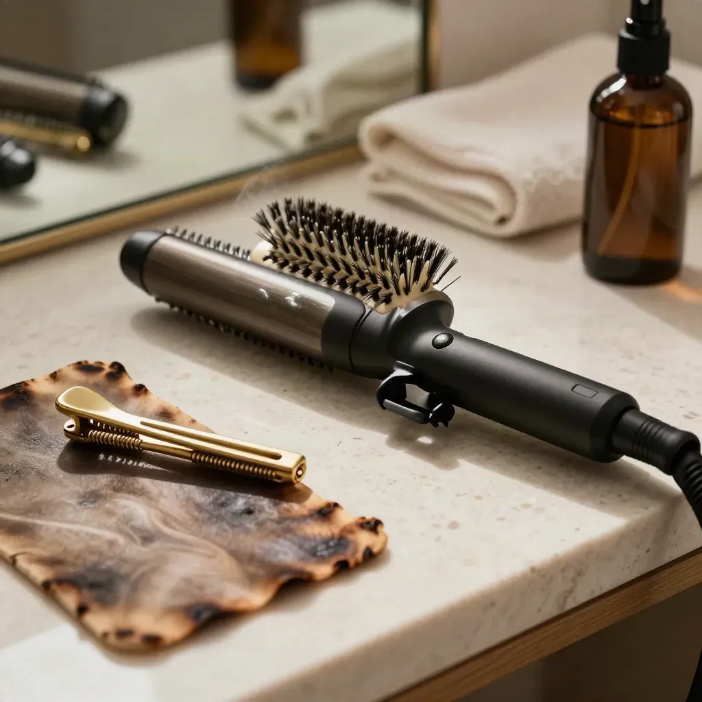 Macro of a curling iron, round brush, clips and heat mat on a travertine salon station.