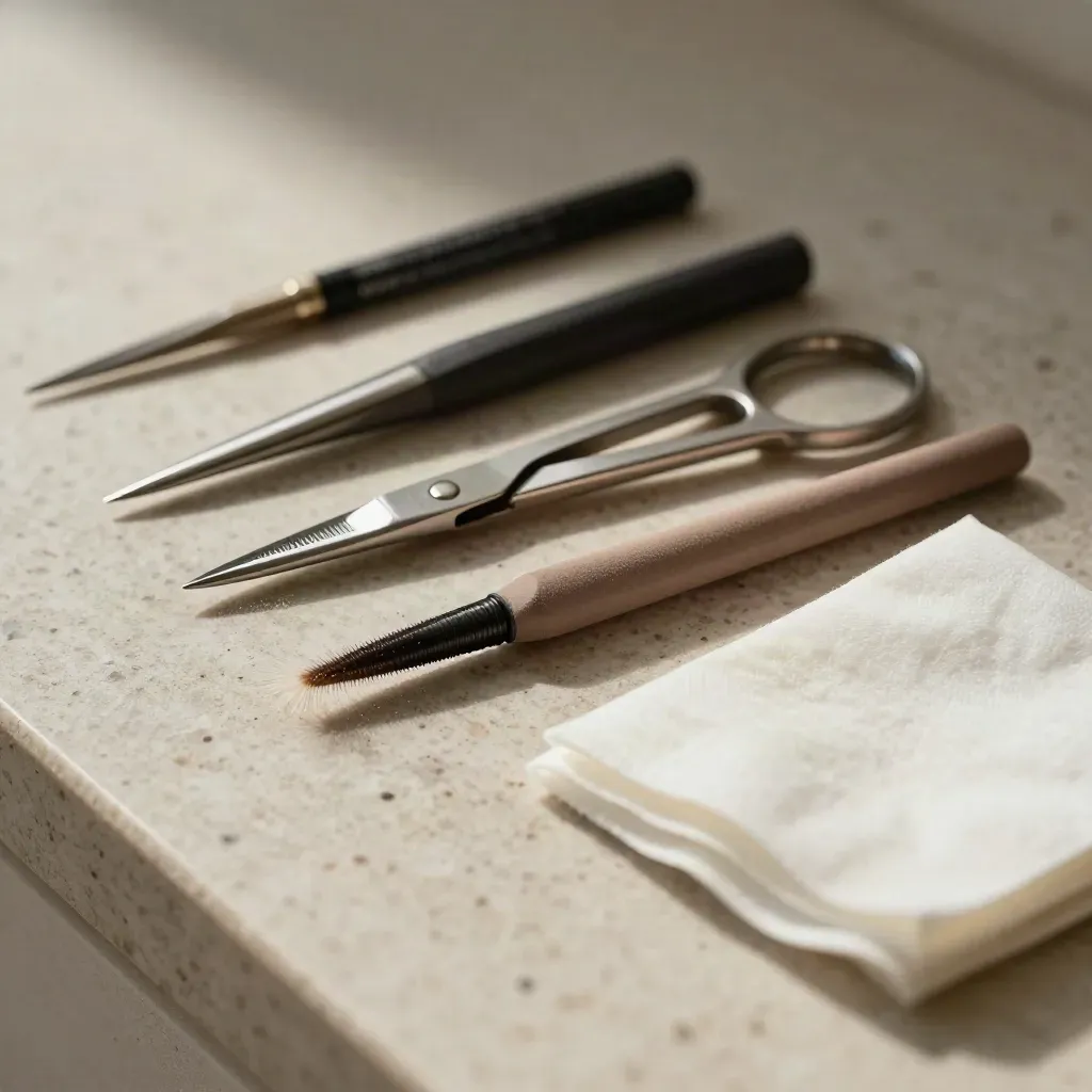 Brow tweezers, spoolie, scissors, cap, and cotton pads on travertine in skimming light.
